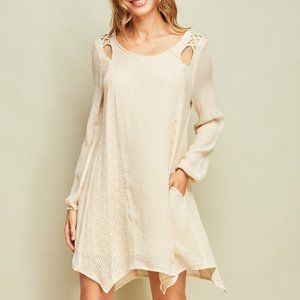 Solid crinkled scoop-neck shift dress